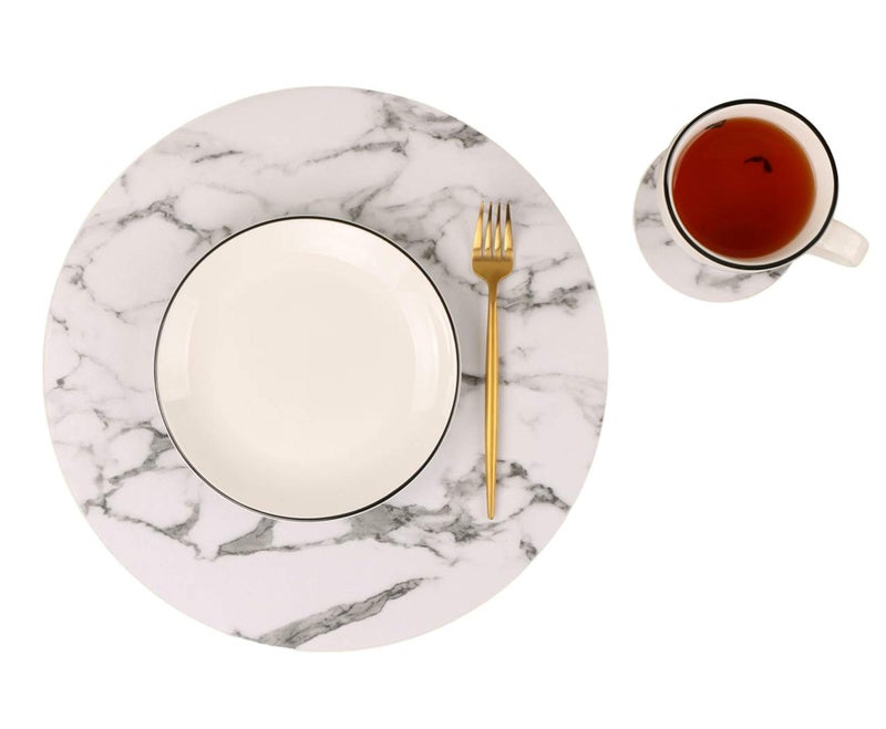 Jovono Marble Round Placemats and Coasters, Faux Leather Waterproof Table Mats, Easy to Wipe Off for Kitchen Dining Round Table - Image 2